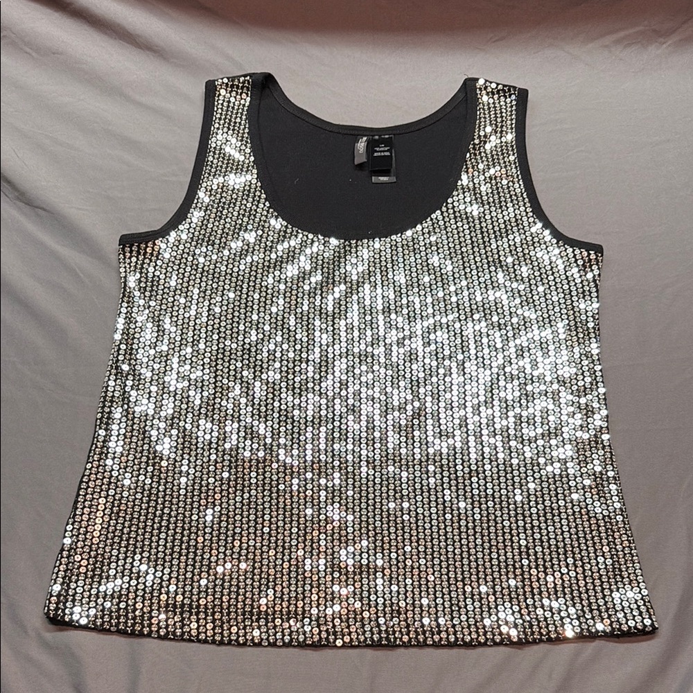 Bisou Bisou Mob Wife Sparkling Silver Sequin Tank Top Glamorous Y2K Large